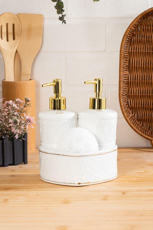 3117 Gold Kapaklı Porselen Süngerli 2li Sıvı Sabunluk – Beyaz 350+350 ml