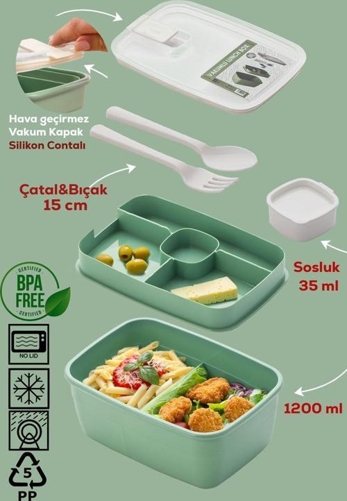 3191 Vakumlu Kendinden Kaşık Çatallı Sosluklu Bölmeli Beslenme Çantası- 2 Katlı Lunch Box-Sefer Tası