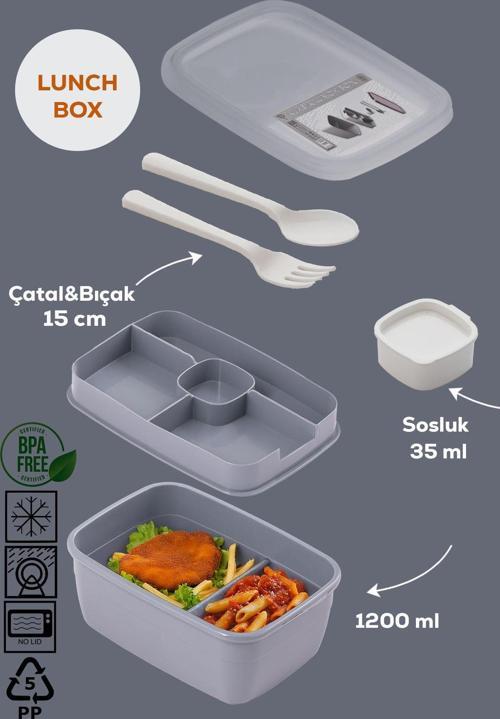 3201 Vakumlu Kendinden Kaşık Çatallı Sosluklu Bölmeli Beslenme Çantası-2 Katlı Lunch Box-Sefer Tası