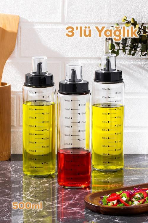 401354 3lü Kapaklı Ölçekli Cam Yağlık Sirkelik Yağdanlık 500ml