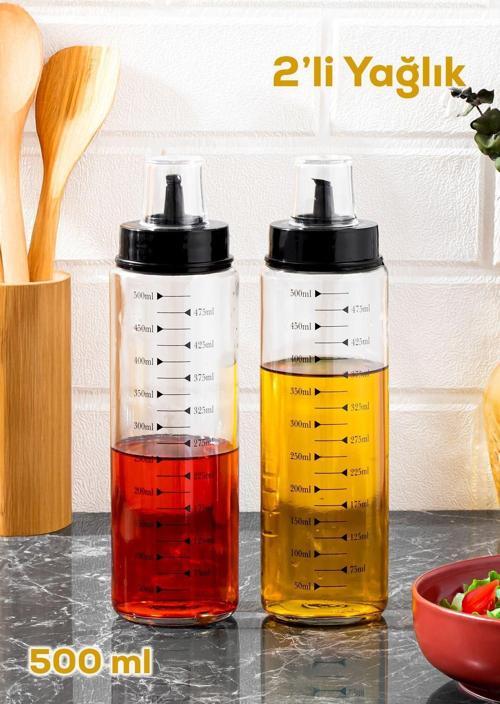 4328 2li Kapaklı Ölçekli Cam Yağlık Sirkelik Yağdanlık 500ml