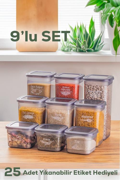 433-GR-3 9 lu Kare Etiketli Gıda Erzak Baharat Saklama Kabı Seti 3x(0.60+1.30+1.90) Lt Gri