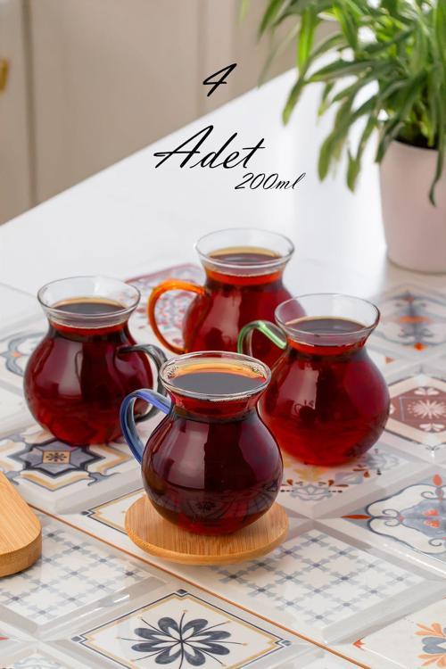 LM-0035 Ehli Keyf 4 Parça 4 Kişilik Çay Seti – 200 ml Borosilikat Cam Kulplu Tombik Bardak Takımı