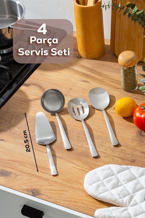 Sidney 4 Parça Paslanmaz Çelik Mini Sos Servis Seti - Kürek Kepçe Kaşık Kevgir