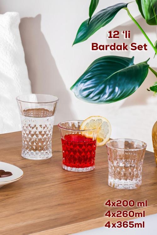 Te-234 12'li Cam Bardak Seti - Su Kahve Meşrubat Bardağı - Su Bardak Takımı Seti 200 - 260 - 365ml