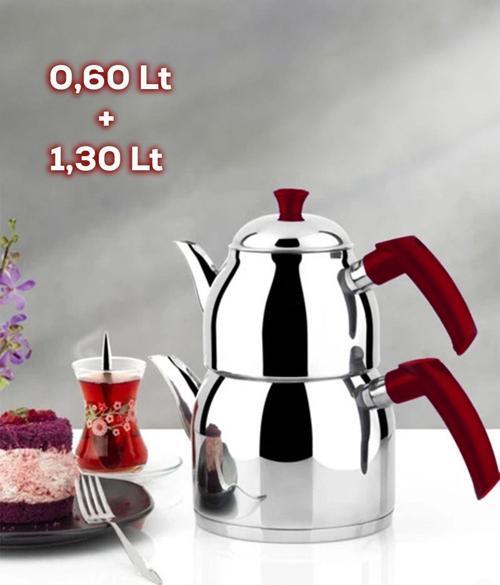 Firuze Mini Boy Paslanmaz Çelik İndüksiyon Taban Soft Kulp Çaydanlık Takımı 0,6 + 1,3 L Kırmızı