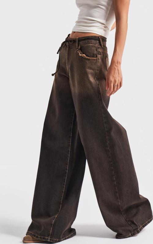 Kadın Koyu Tint Renk 21w5-81 Palazzo Fit Cep Yıpratmalı Kemer Detaylı %100 Koton Denim Jean