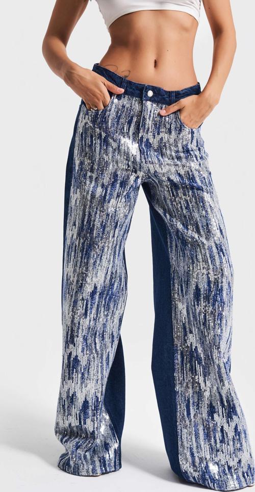 Kadın Mavi Renk 1w5-4 Palazzo Fit Pullu Özel Kumaş %100 Koton Tasarım Denim Jean