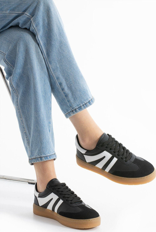 Kadın Sneaker Bağcıklı Rahat Düz Ortopedik Taban Günlük Spor Ayakkabı Siyah