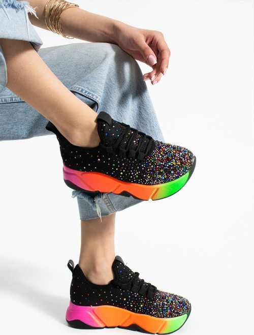 Günlük Siyah-Multi Taş Detaylıkadın Sneaker Bağcıklı Triko Esnek Hafif Yürüyüş Spor Ayakkabı