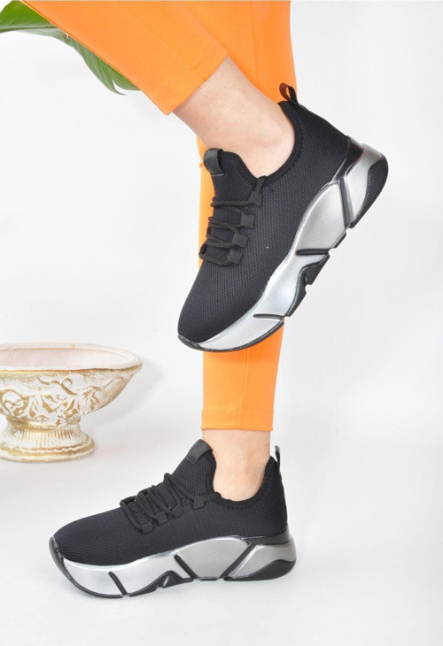 Siyah - Günlük Kadın Sneaker Bağcıklı Triko Esnek Hafif Ve Kalın Taban Yürüyüş Spor Ayakkabı