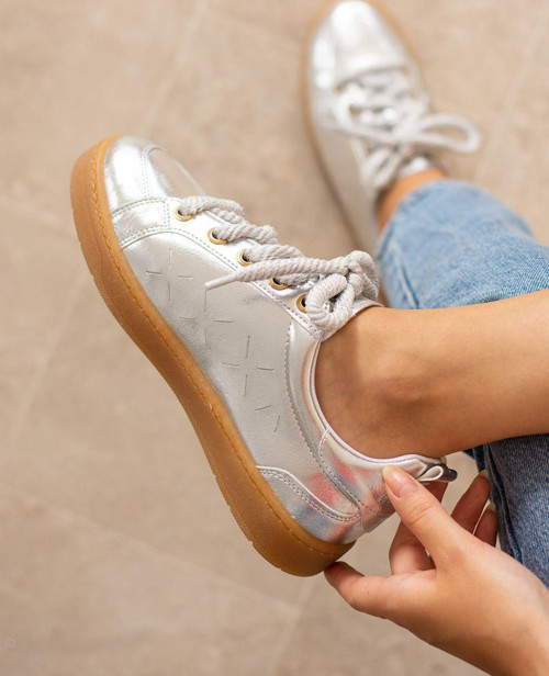 Gümüş Kadın Kalın Bağcıklı Deri Görünümlü Rahat Kadın Spor Ayakkabı Sneakers