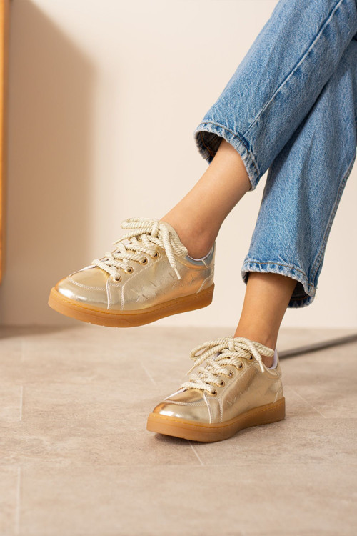 Altın Kadın Kalın Bağcıklı Deri Görünümlü Rahat Kadın Spor Ayakkabı Sneakers