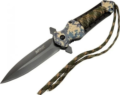 4262 Kamuflaj Kamp Çakı 21cm - Yarı Otomatik, İpli, Kemerlikli