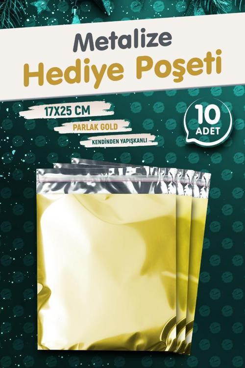 Yapışkanlı Metalize Hediye Paketi Poşeti 17x25cm Gold 10 Adet  Yeni Yıl Yılbaşı Hediye Paketi -T1089