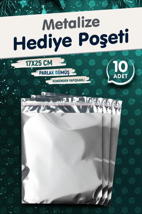 Yapışkanlı Metalize Hediye Paketi Poşeti 17x25cm Gümüş 10 Adet  Yeni Yıl Yılbaşı Hediye Paketi -T1090