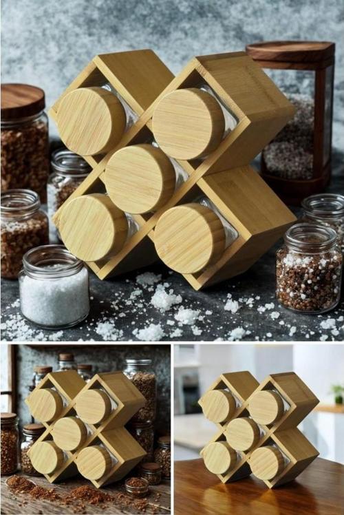 Bambu Kapaklı Standlı 5 Li Kavanoz X Baharatlık