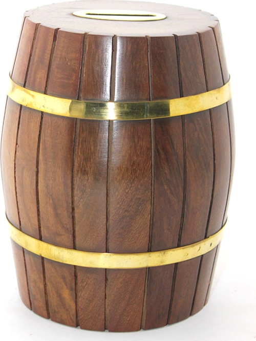 Pirinç Ahşap Fıçı Kumbara 15 Cm Wb538