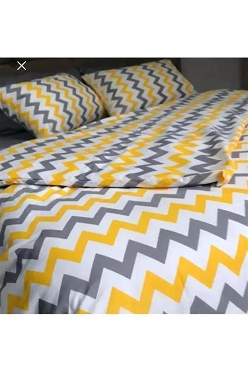Yorgan Kılıfı Tek Kişilik + yastık kılıfı Zikzaklı Sarı Gri