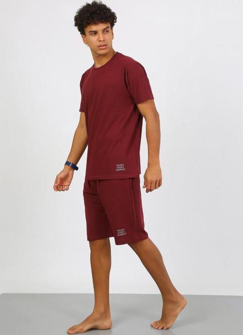Erkek Pamuk Lakost Alt Üst Kaprili Pijama Takım Bordo