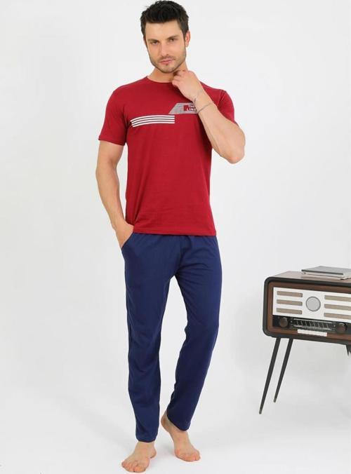 Erkek Pamuk Kısa Kol Pijama Takım Bordo