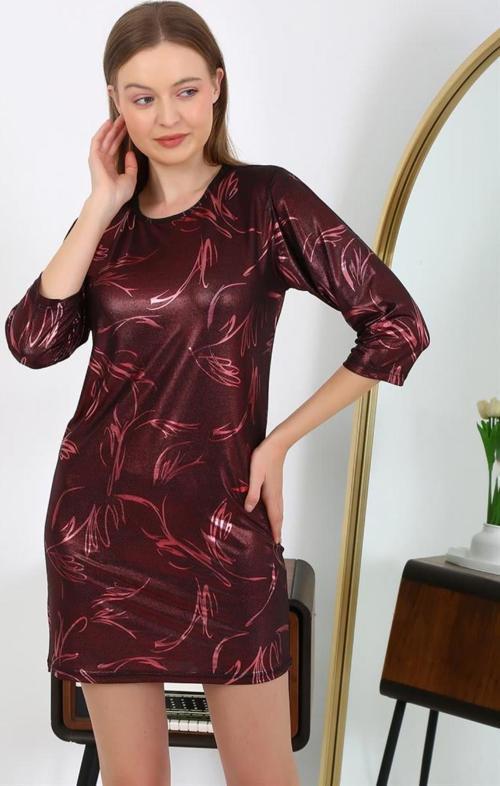 Kadın Micro Kumaş Mini Parlak Elbise 7420 Bordo