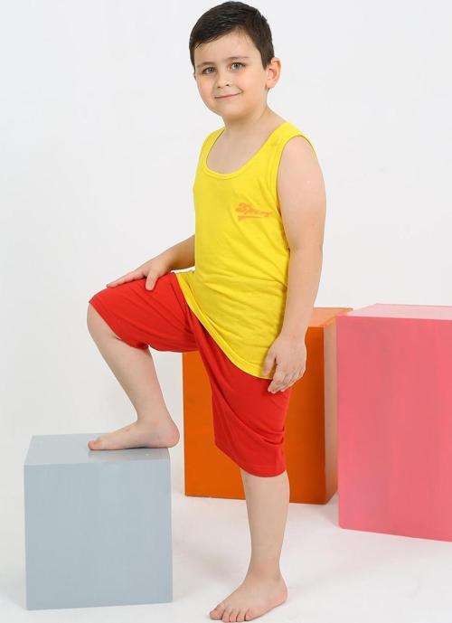 Erkek Çocuk Sıfır Kol Şortlu Sarı Penye Pijama Takımı