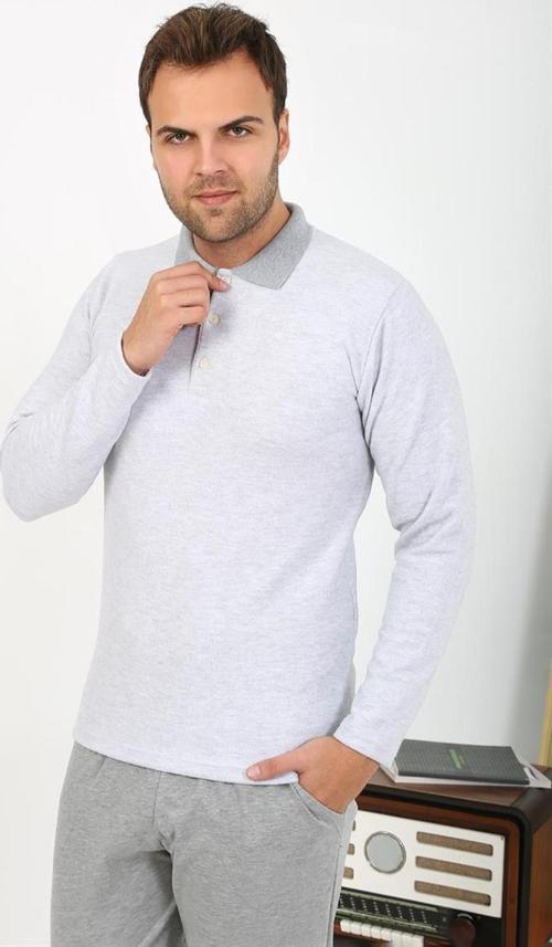 Erkek Polo Yaka Uzun Kol Penye Pijama Takımı Gri 6864