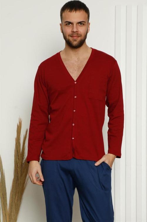 Erkek %100 Pamuk Önden Düğmeli Cepli Uzun Kollu Pijama Takımı