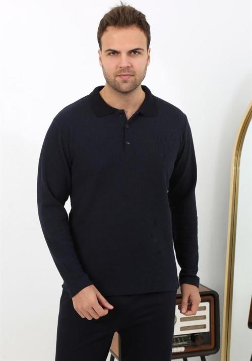 Erkek Polo Yaka Uzun Kol Penye Pijama Takımı 6862 Lacivert