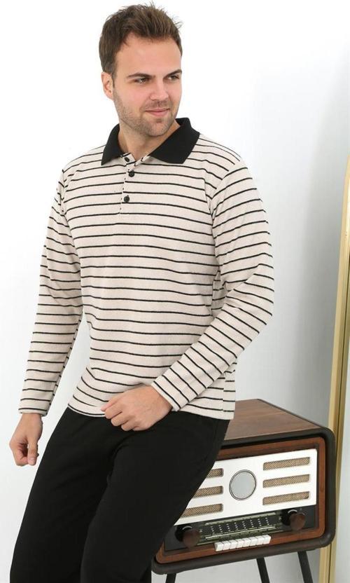 Erkek Polo Yaka Uzun Kol Penye Pijama Takımı 6862 Krem