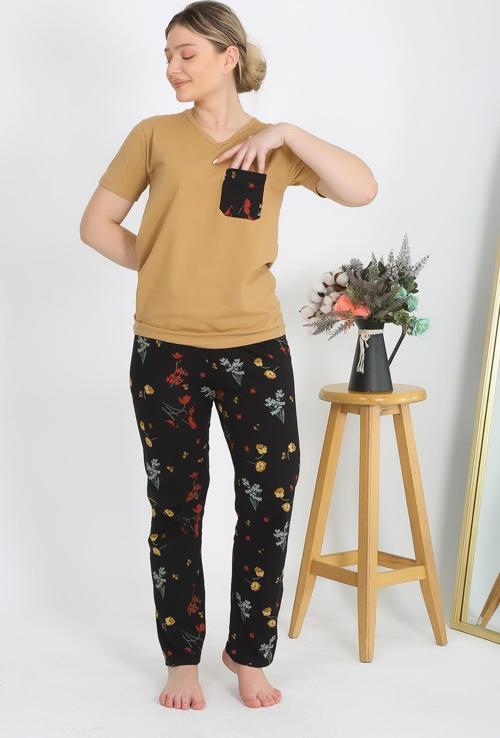 Kadın Kısa Kol Pamuk Penye Pijama Takım Hardal 4214