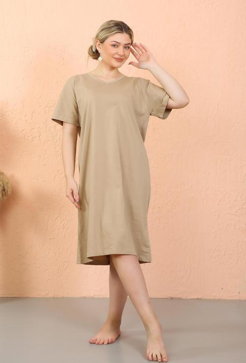 Kadın Kısa Kol Diz Altı Over Size Vizon Ev Elbisesi - Geceliği 93410