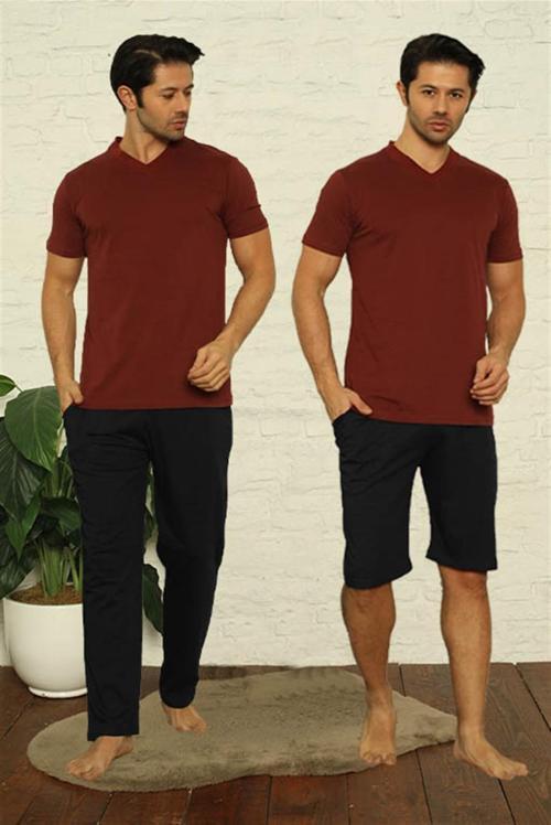 Erkek Bordo V Yaka 3'lü Pijama Takım 6822
