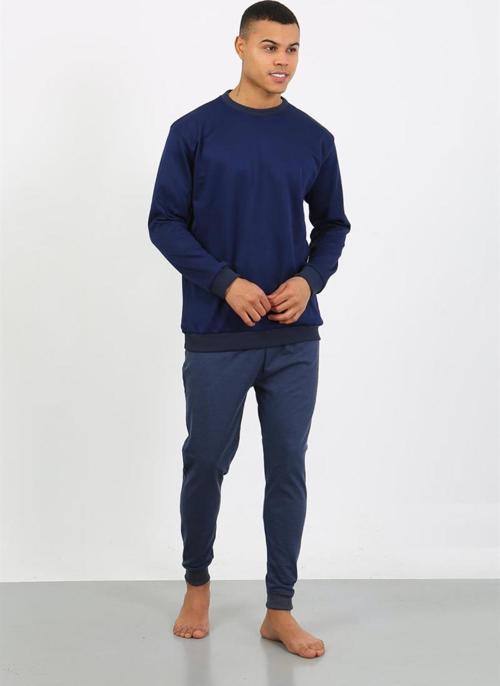 Erkek Uzun Kol Manşetli Paça Penye Pijama Takımı 6870 Lacivert