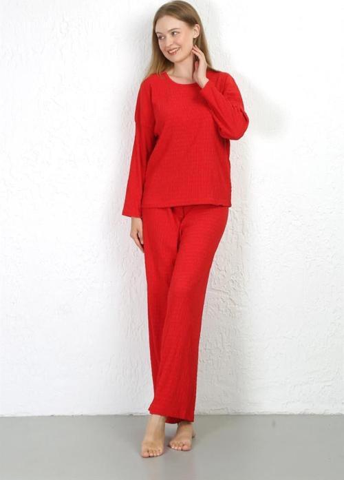 Kadın Bürümcük Kumaş Pijama Takım Kırmızı 4233