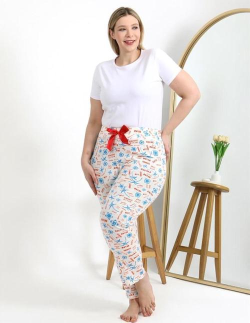 Kadın Pamuklu Büyük Beden Alt Pijama Ekru