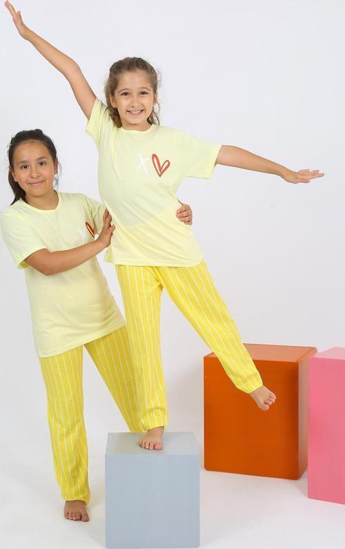 Kız Çocuk Kısa Kol Sarı Penye Pijama Takımı