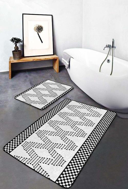 Siyah Beyaz Damalı Zigzag Desenli 2'Li Kaymaz Taban Yıkanabilir Banyo Paspas Seti