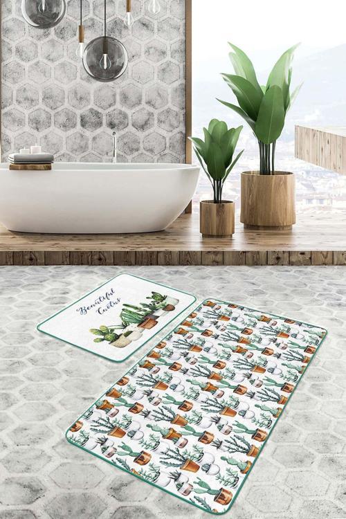 Kaktüs Desenli Yeşil-Turuncu 2'Li Kaymaz Taban Yıkanabilir Banyo Paspas Seti