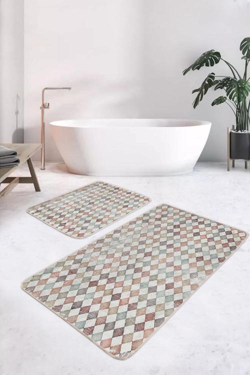 Karo Desenli Bej-Turuncu Geometrik 2'Li Kaymaz Taban Yıkanabilir Banyo Paspas Seti