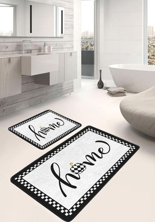 Siyah Beyaz Damalı Kasnak Desenli 2'Li Kaymaz Taban Yıkanabilir Banyo Paspas Seti