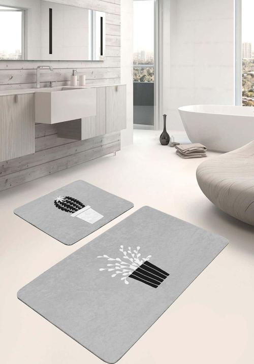 Gri Zeminde Saksı Ve Kaktüs Desenli 2'Li Kaymaz Taban Yıkanabilir Banyo Paspas Seti