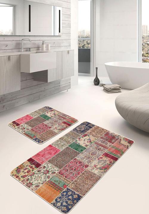 Patchwork Desenli Renkli Vintage 2'Li Kaymaz Taban Yıkanabilir Banyo Paspas Seti
