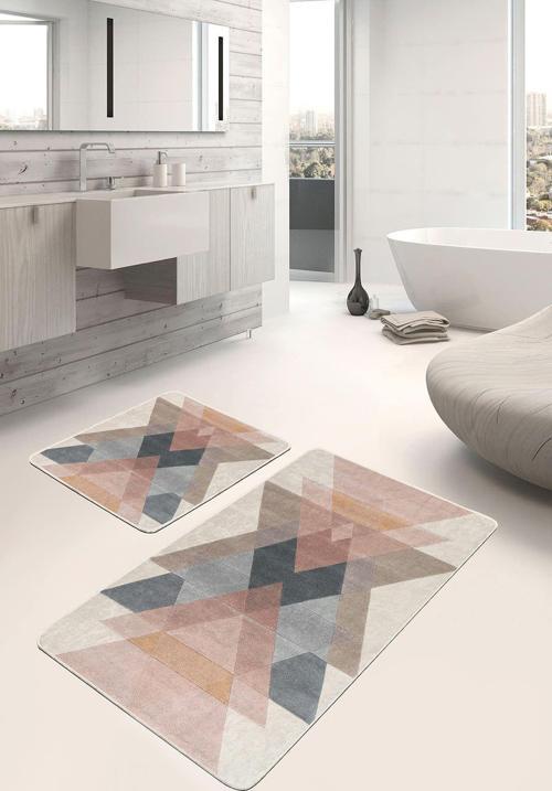 Pastel Tonlarda Geometrik Desenli Pudra-Gri 2'Li Kaymaz Taban Yıkanabilir Banyo Paspas Seti