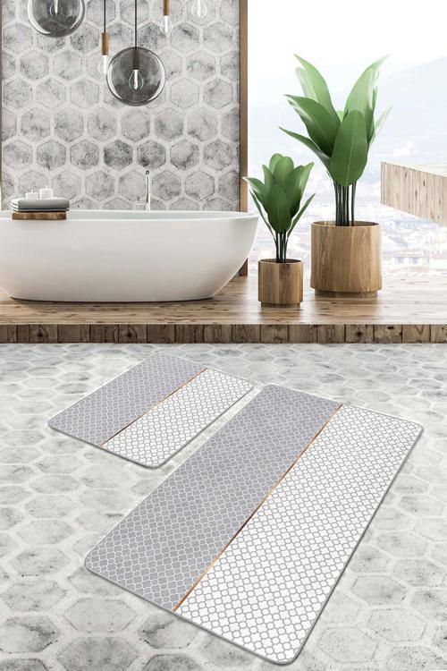 Gri Beyaz Çift Renkli Geometrik Desenli 2'Li Kaymaz Taban Yıkanabilir Banyo Paspas Seti