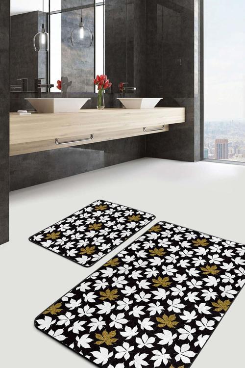 Siyah Zeminde Beyaz Ve Altın Yaprak Desenli 2'Li Kaymaz Taban Yıkanabilir Banyo Paspas Seti