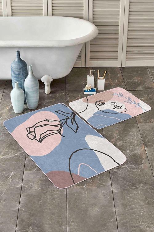 Mavi-Pudra Soyut Kadın Silüeti Modern 2'Li Kaymaz Taban Yıkanabilir Banyo Paspas Takımı