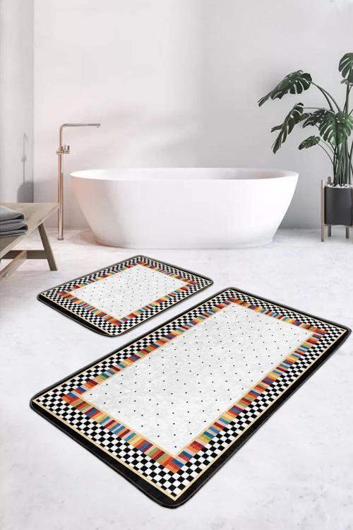 Siyah Beyaz Damalı Çok Renkli Çizgili Modern 2'Li Kaymaz Taban Yıkanabilir Banyo Paspas Seti