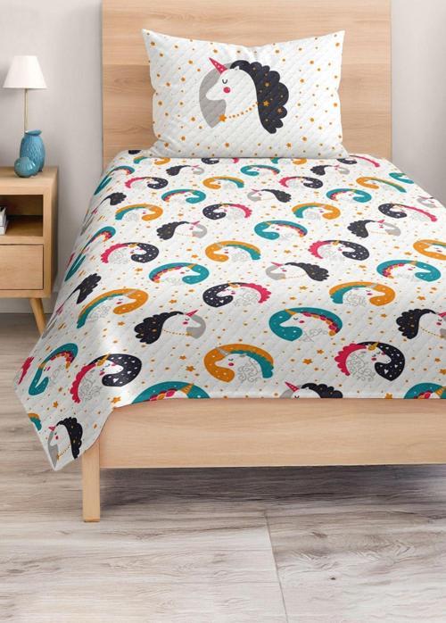 Rengarenk Unicorn Desenli Çocuk Ve Genç Odası Pike Takımı Yatak Örtüsü